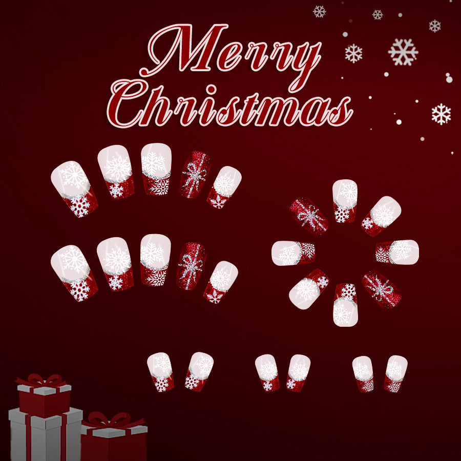 24pcs/Set Short Crimson French with Glitter Snowflake & Gift Ribbon Press-On Nails