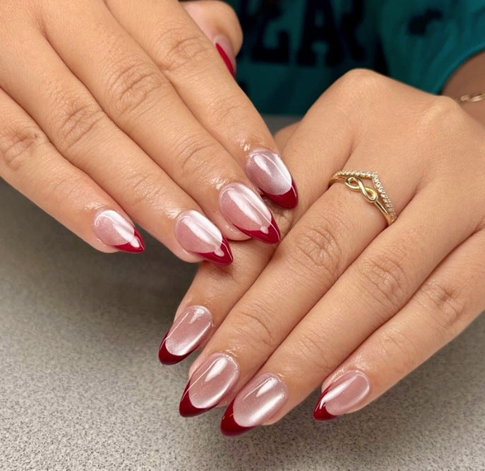 24pcs/Set Crystal Red French Cat Eye Press-On Nails