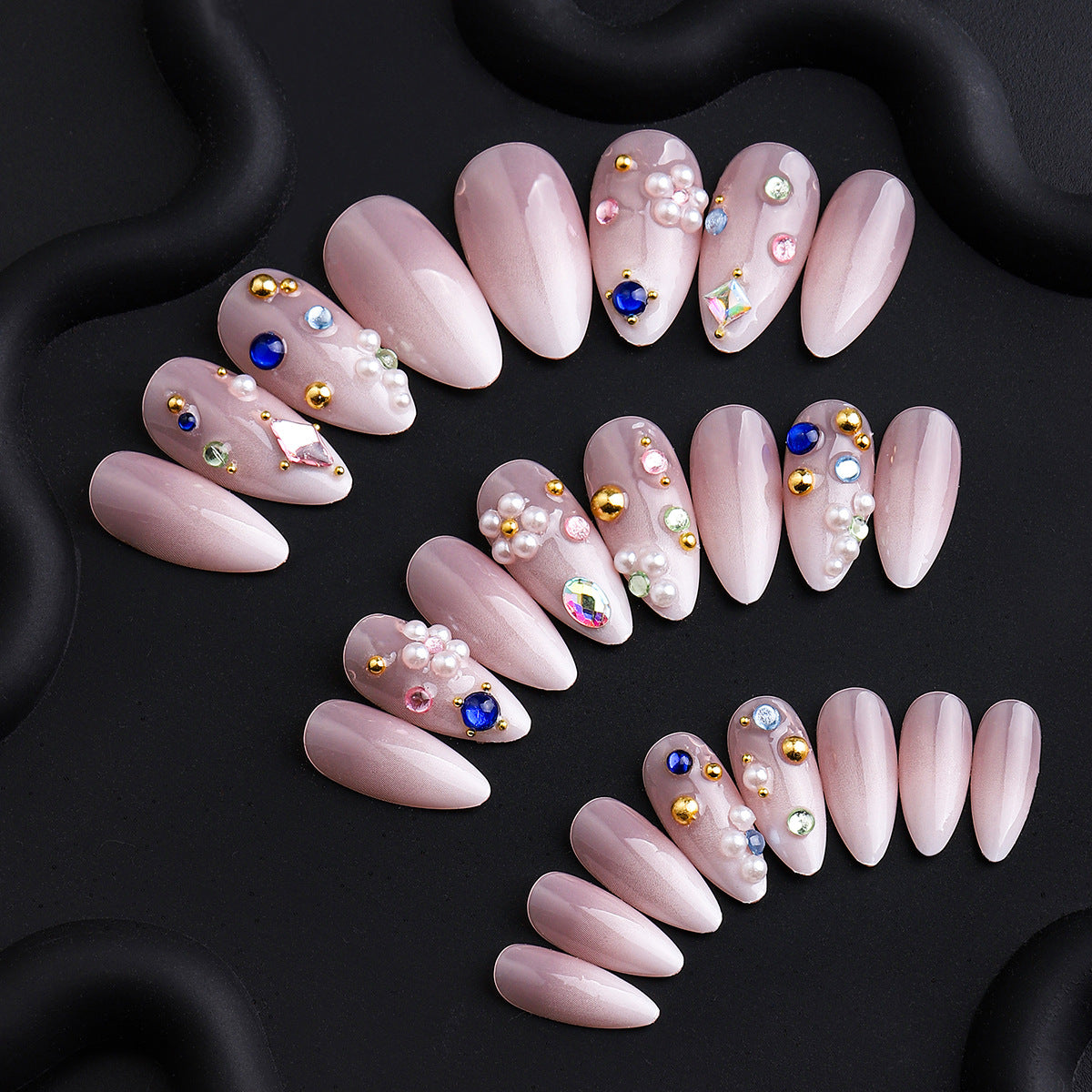 24pcs/Set Full Drill Multicolor Big Small Diamonds Press-On Nails