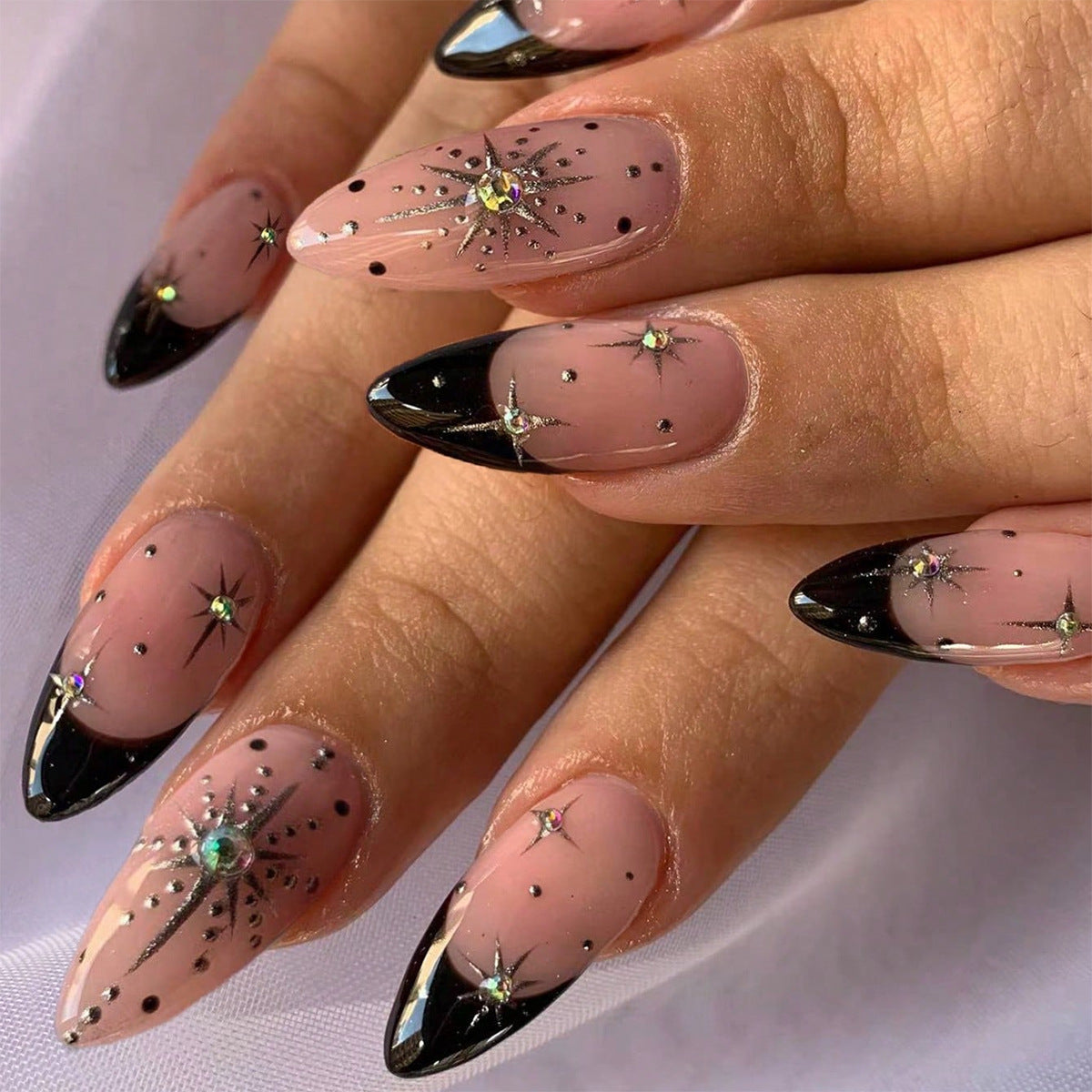 24pcs/Set French Stiletto With Multicolor Sparkling Diamonds Press-On Nails