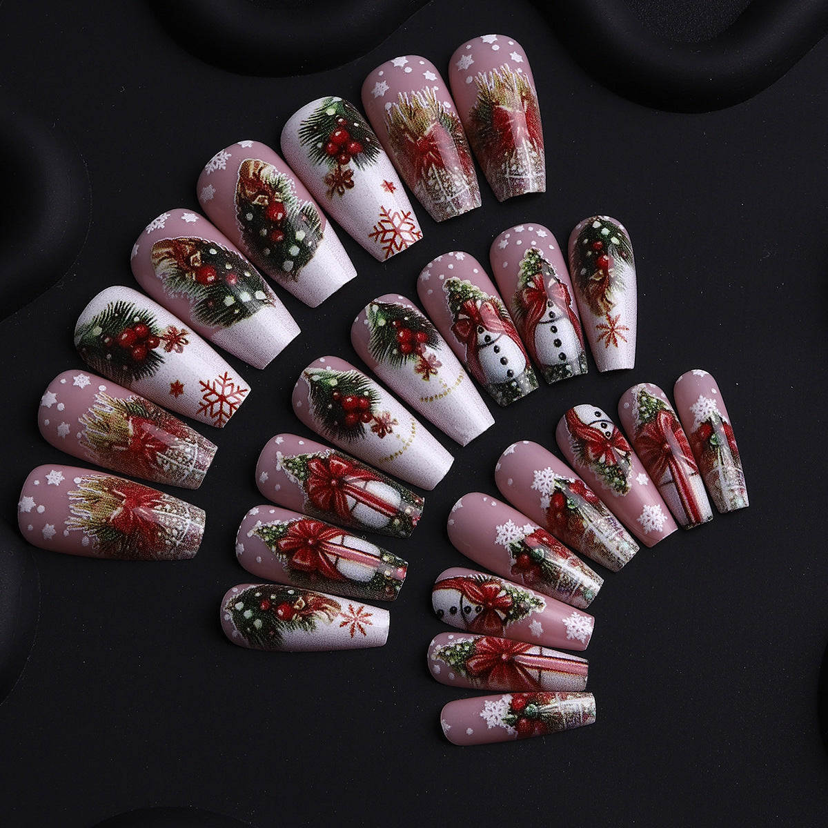 24pcs/Set Christmas Red Gifts Snowman Bow Pinecone & Tree Press-On Nails