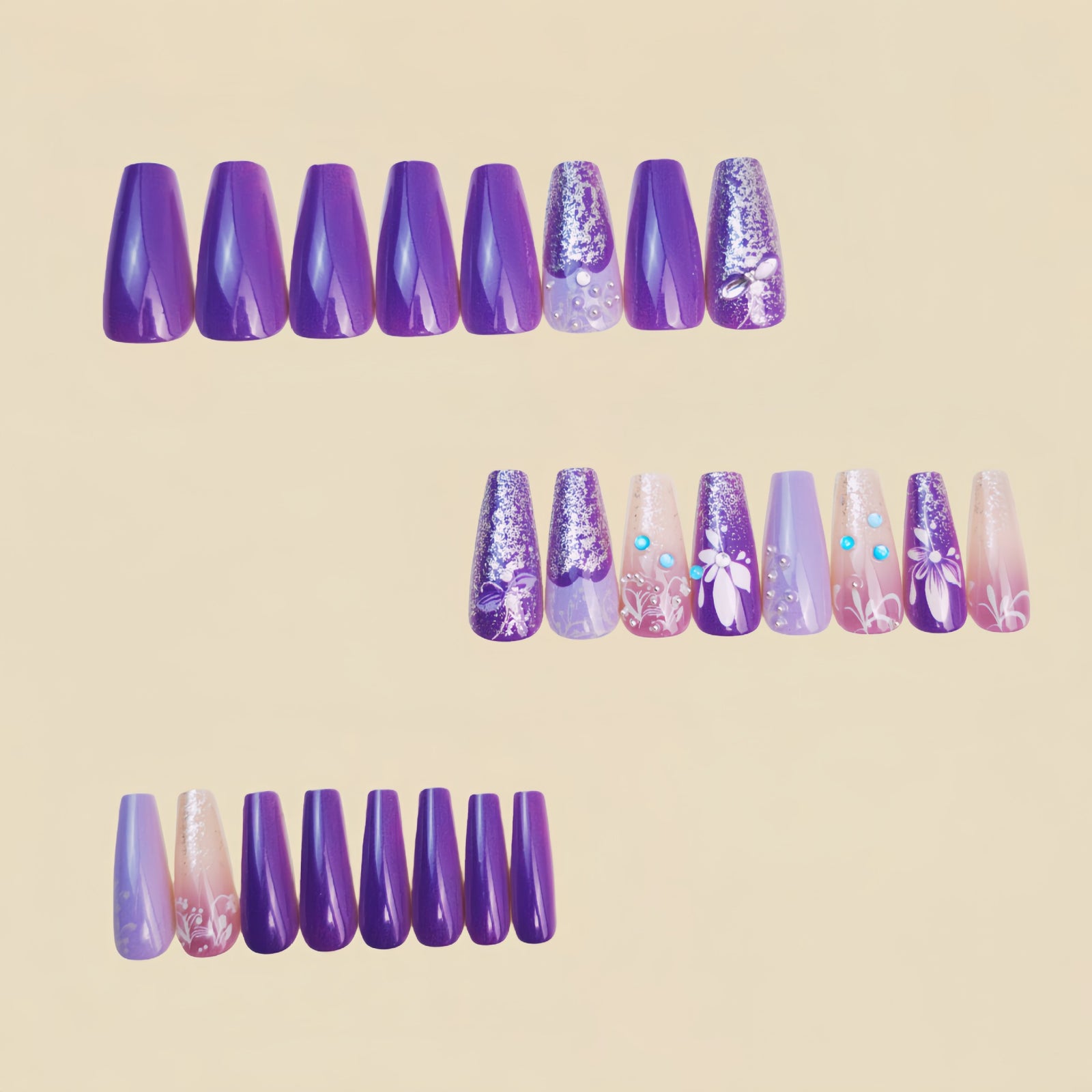 24pcs/Set Purple Crystals Floral Press-On Nails