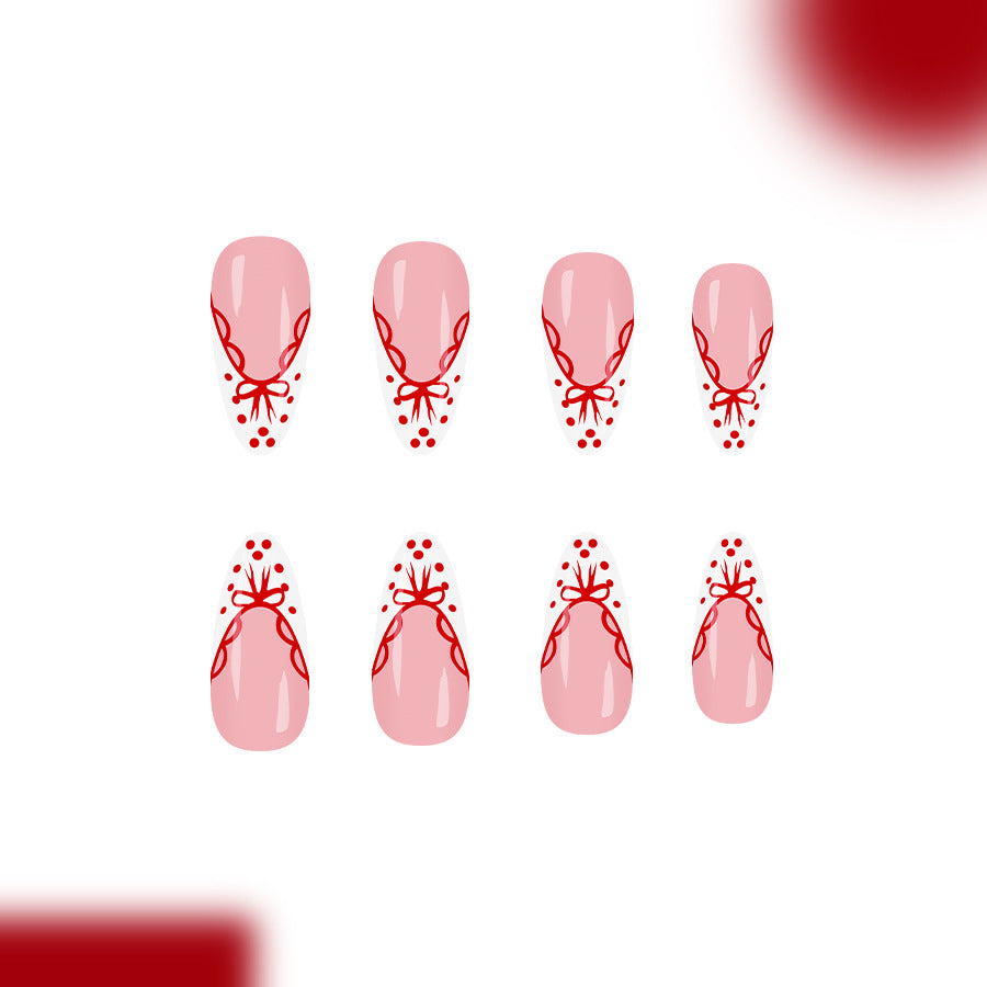 24pcs/Set White Stiletto French with Red Polka Dots and Bow Press-On Nails