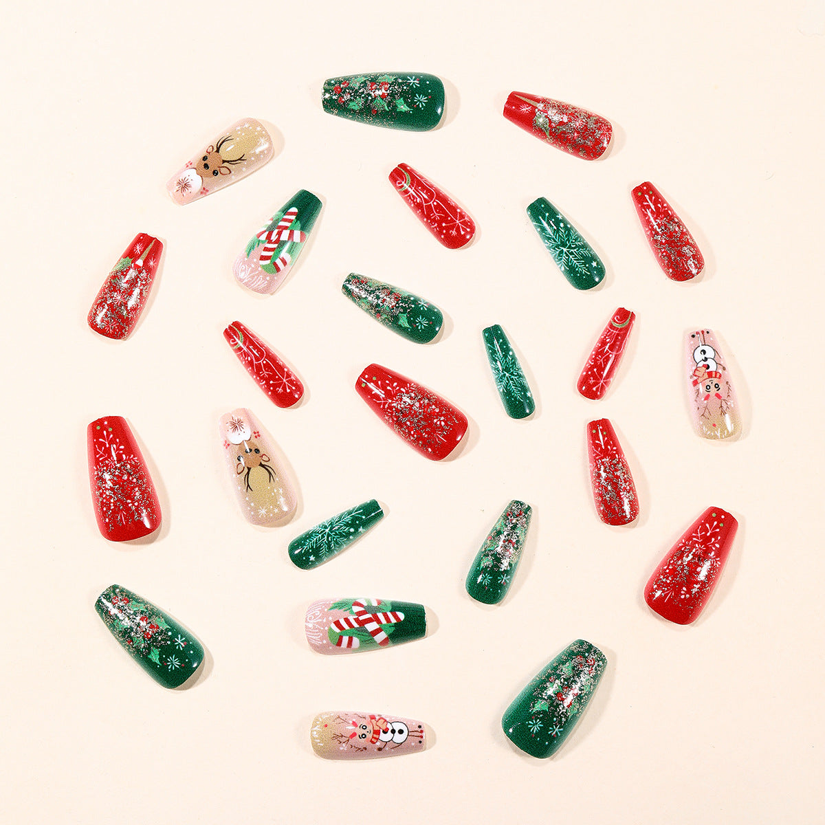 24pcs/Set Christmas Red Glitter with Snowflake, Candy Cane & Reindeer Press-On Nails