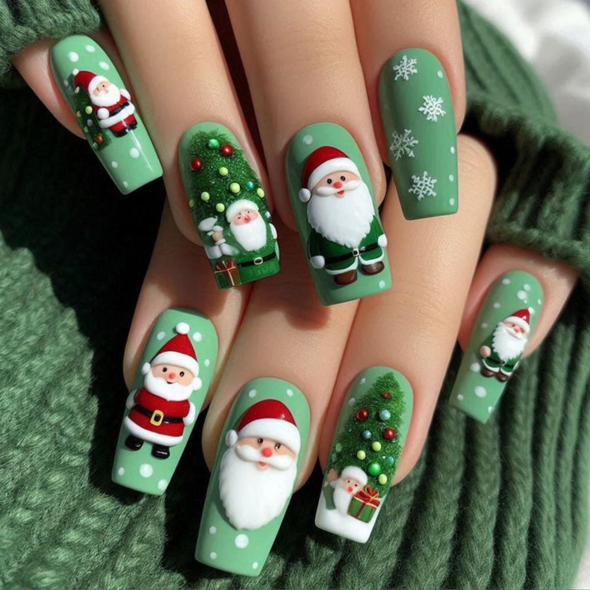 24pcs/Set Green Snowflake Santa & Christmas Tree Press-On Nails