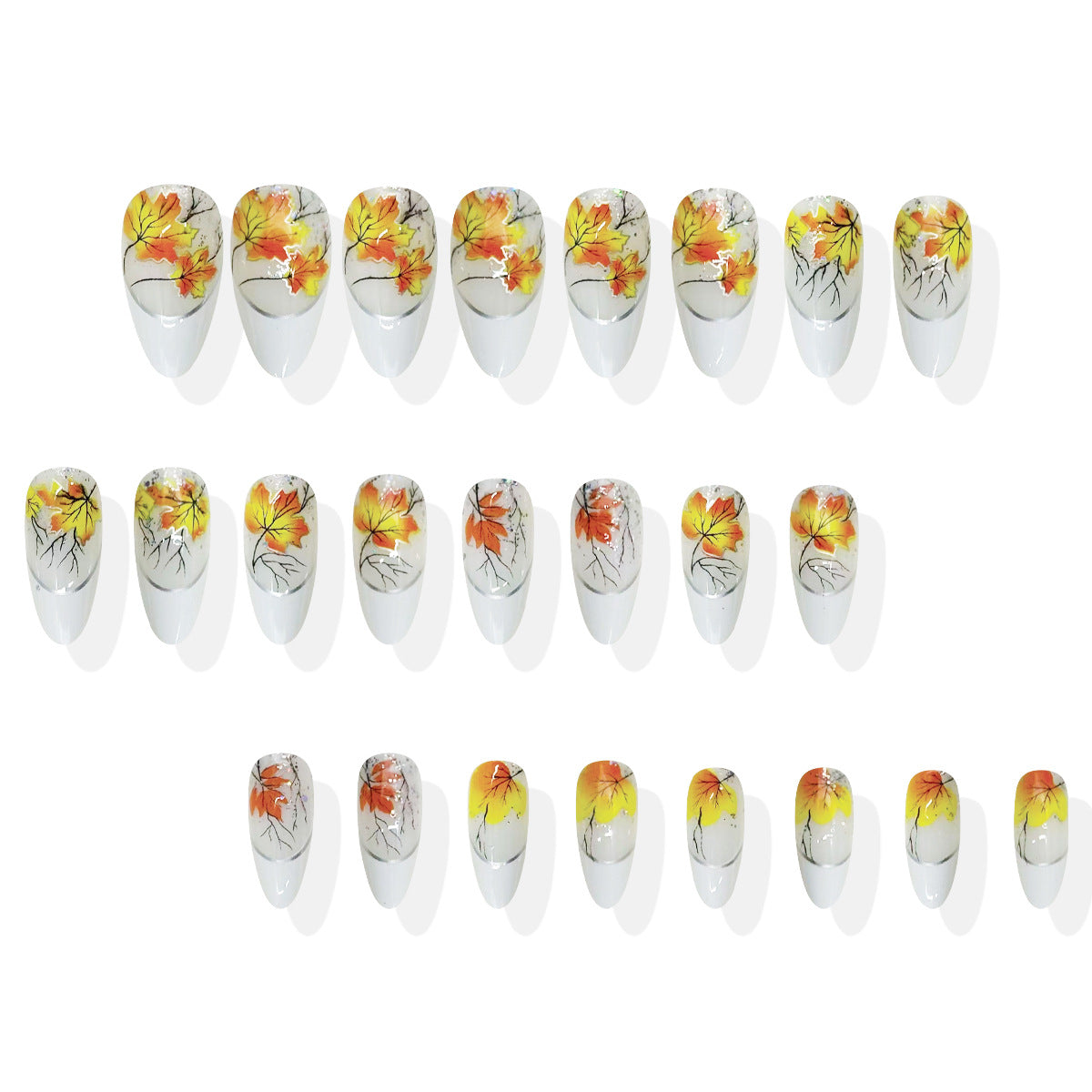 24pcs/Set Autumn White French with Maple Leaf Press-On Nails
