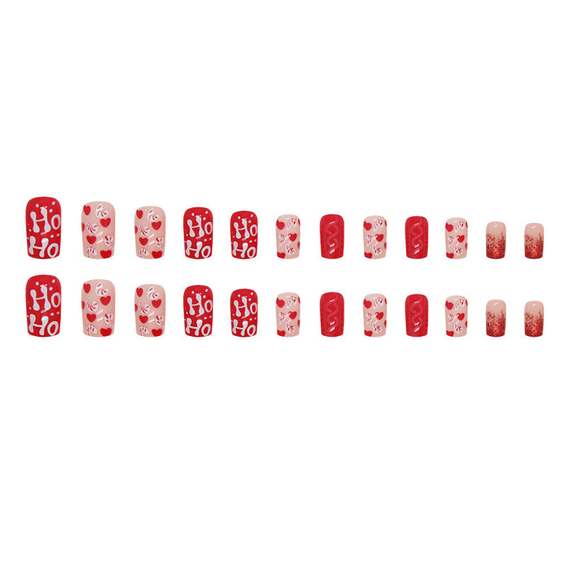 24pcs/Set Red Christmas Heart with Glitter Press-On Nails