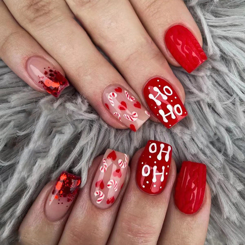 24pcs/Set Red Christmas Heart with Glitter Press-On Nails