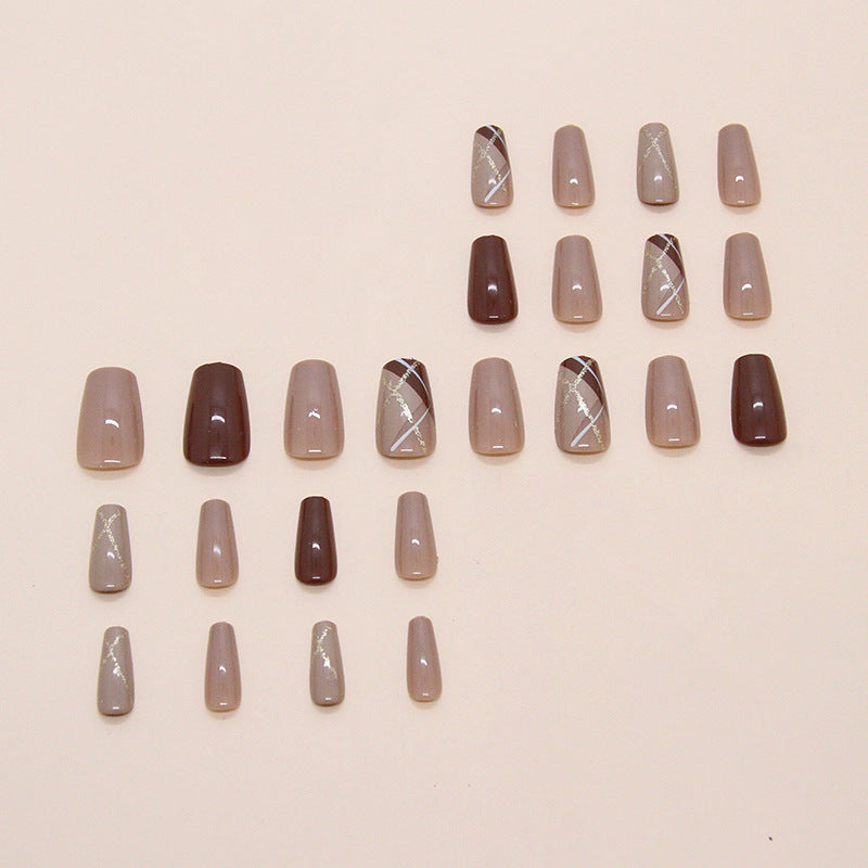 24pcs/Set Milk Coffee Brown Diamond Pattern Short Press-On Nails