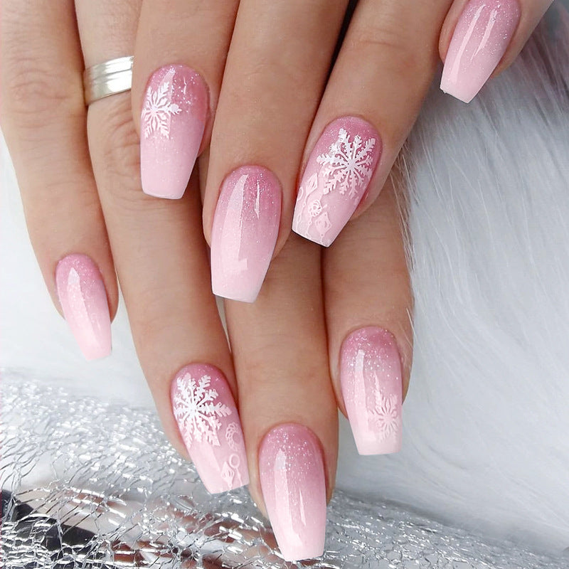 24pcs/Set Christmas Pink Ombré with Snowflakes Press-On Nails