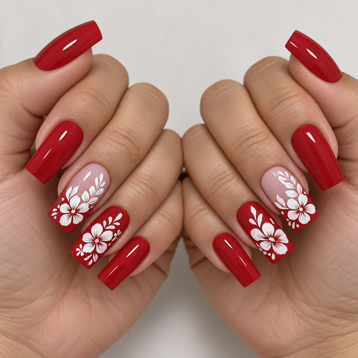 24pcs/Set Red French Tip with White Florals Press-On Nails