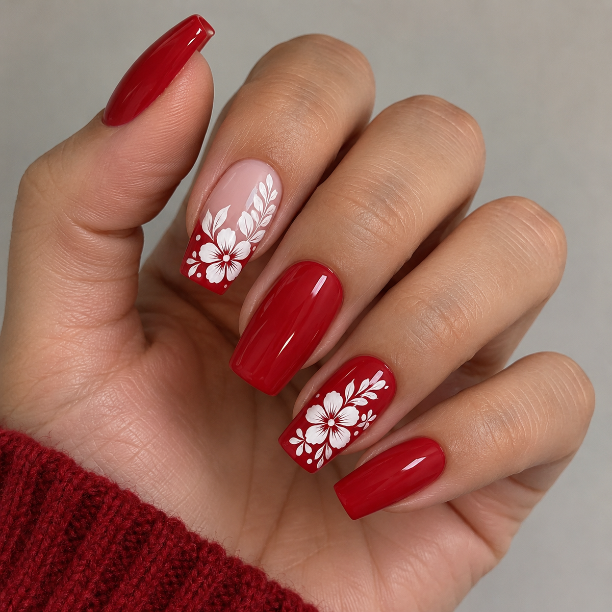 24pcs/Set Red French Tip with White Florals Press-On Nails