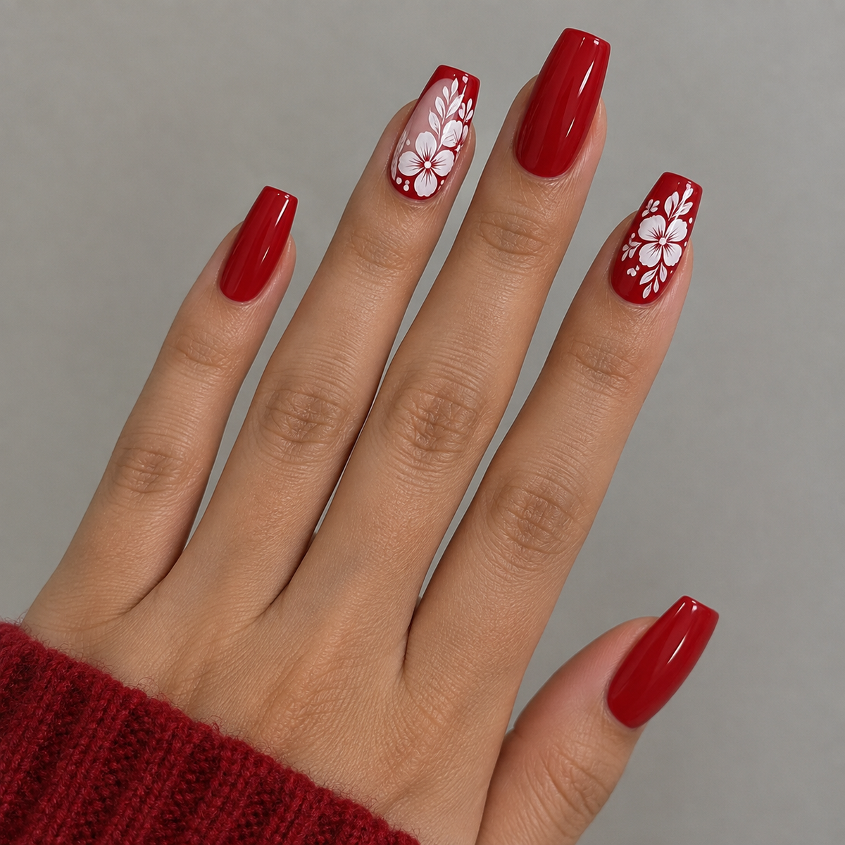 24pcs/Set Red French Tip with White Florals Press-On Nails