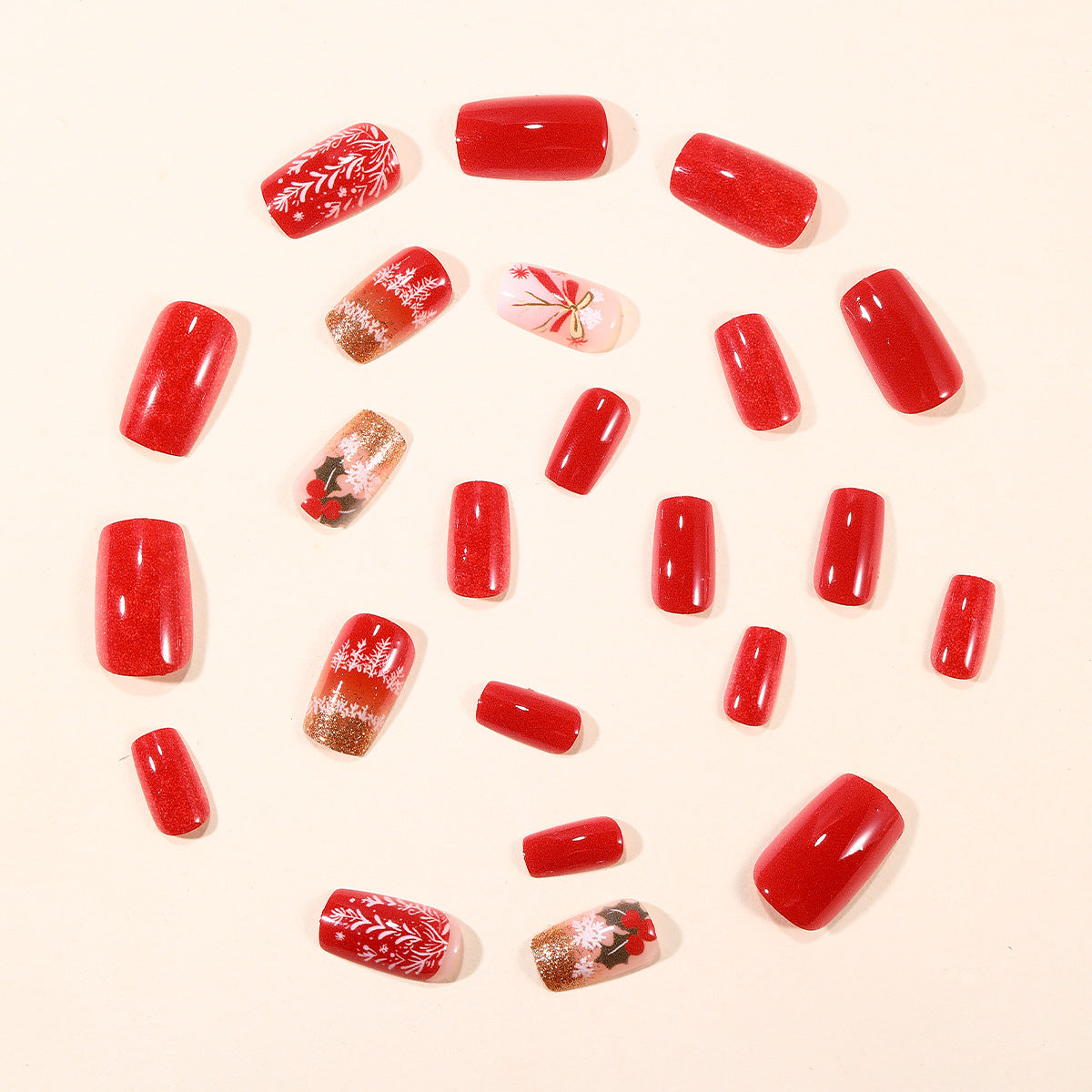 24pcs/Set Christmas Red with Snowflake, Candy Cane & Bow Press-On Nails