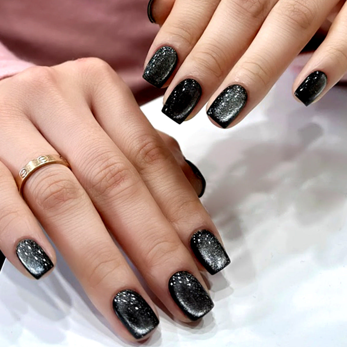 24pcs/Set Short Black Crystal Cat Eye Press-On Nails