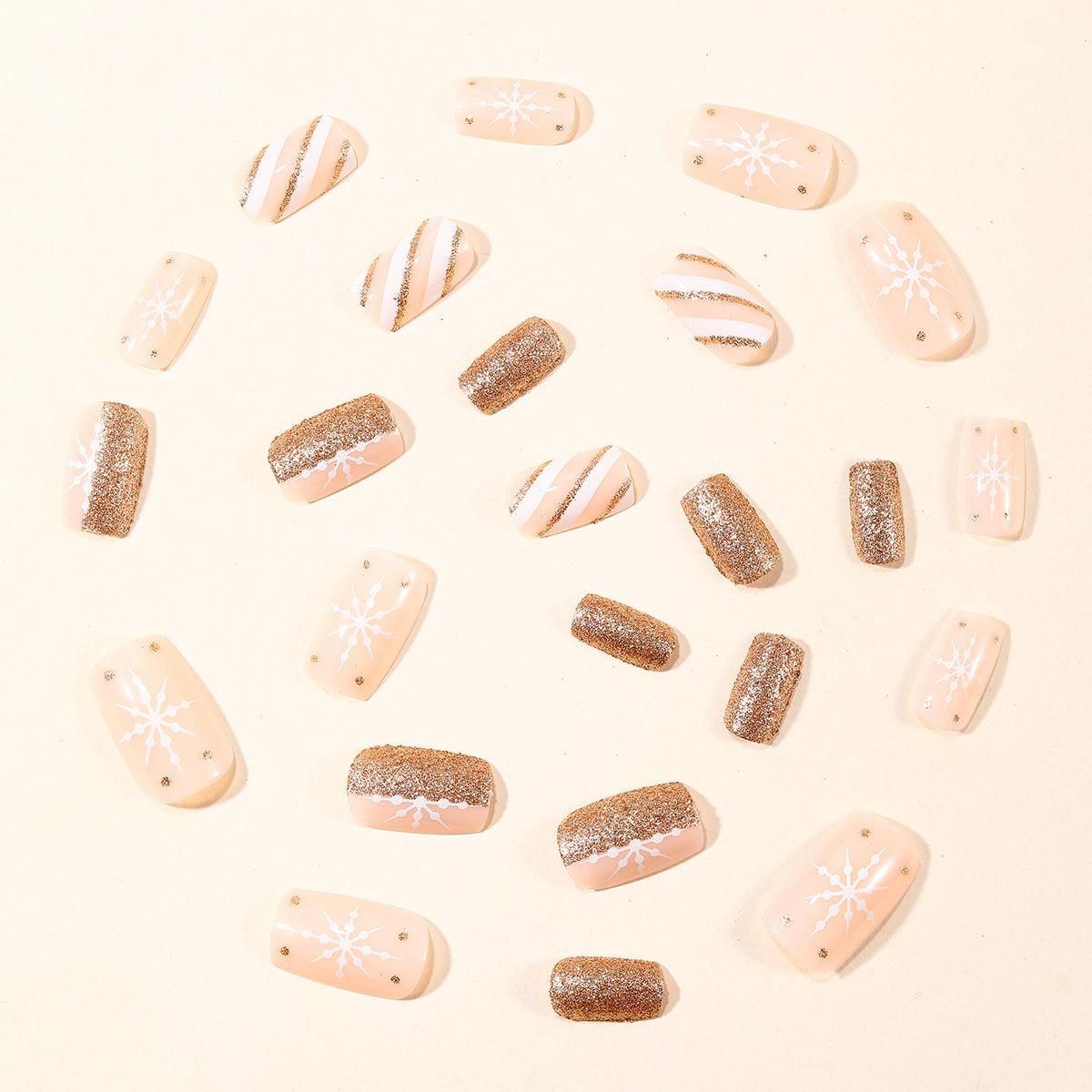 24pcs/Set Christmas White Diagonal Stripes & Snowflakes Press-On Nails