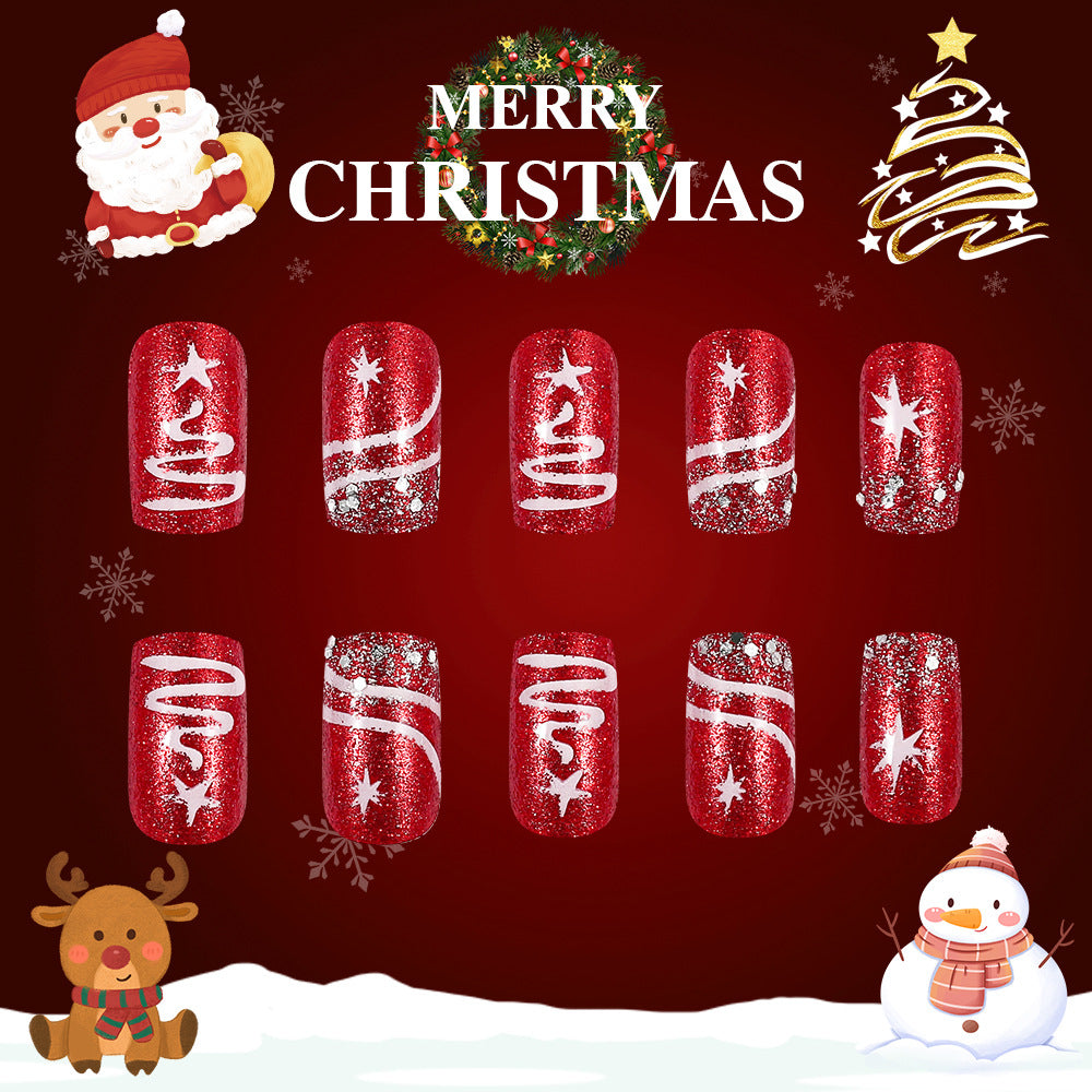 24pcs/Set Short Red Christmas with Snowflake & Bow Press On Nails