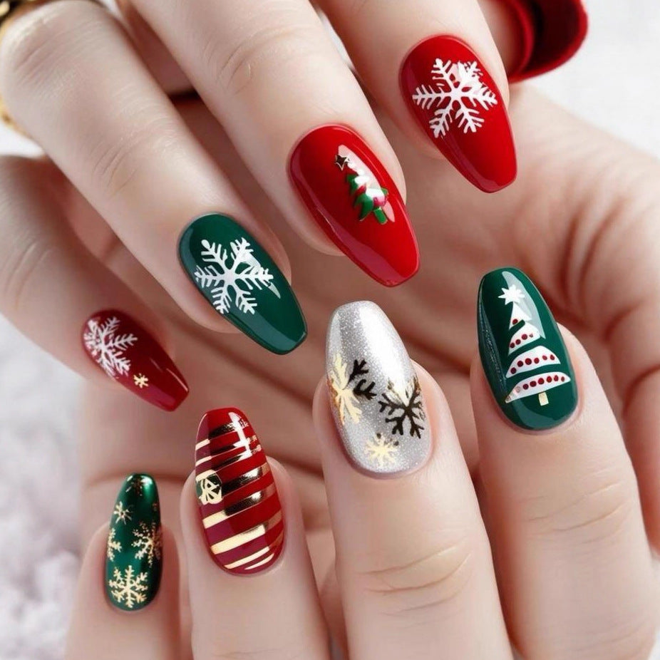 24pcs/Set Short Gold Line Snowflake & Christmas Tree Press On Nails