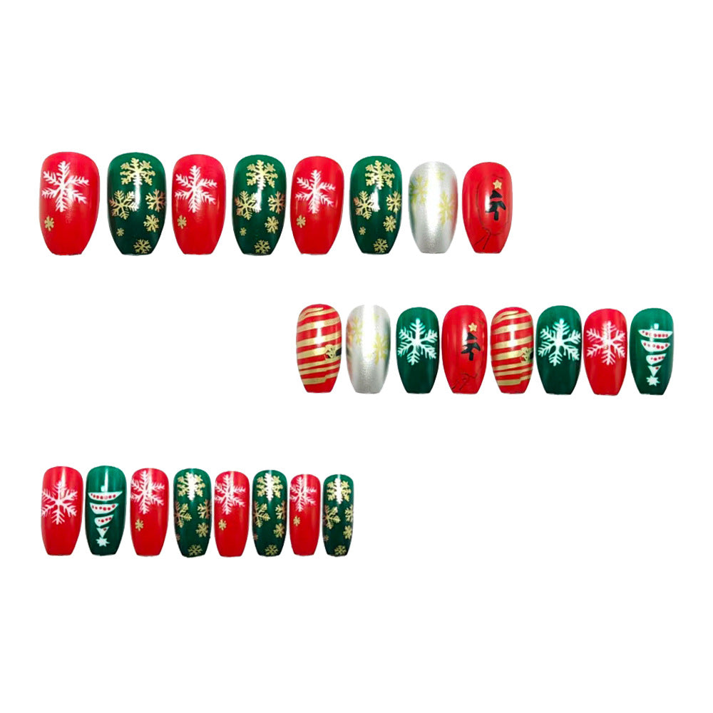 24pcs/Set Short Gold Line Snowflake & Christmas Tree Press On Nails