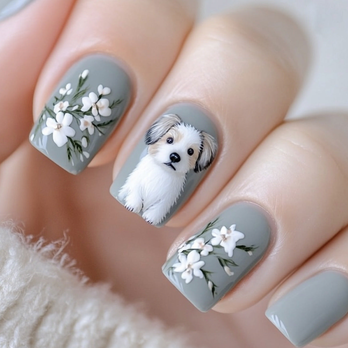 24pcs/Set Short Gray Printed Puppy Press On Nails