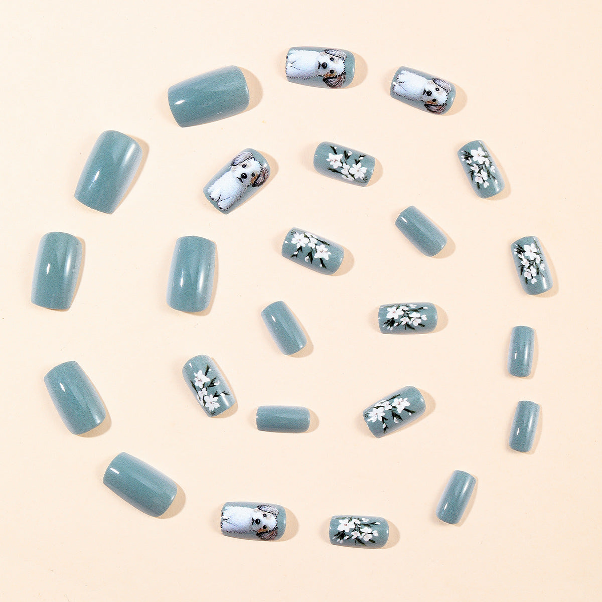 24pcs/Set Short Gray Printed Puppy Press On Nails