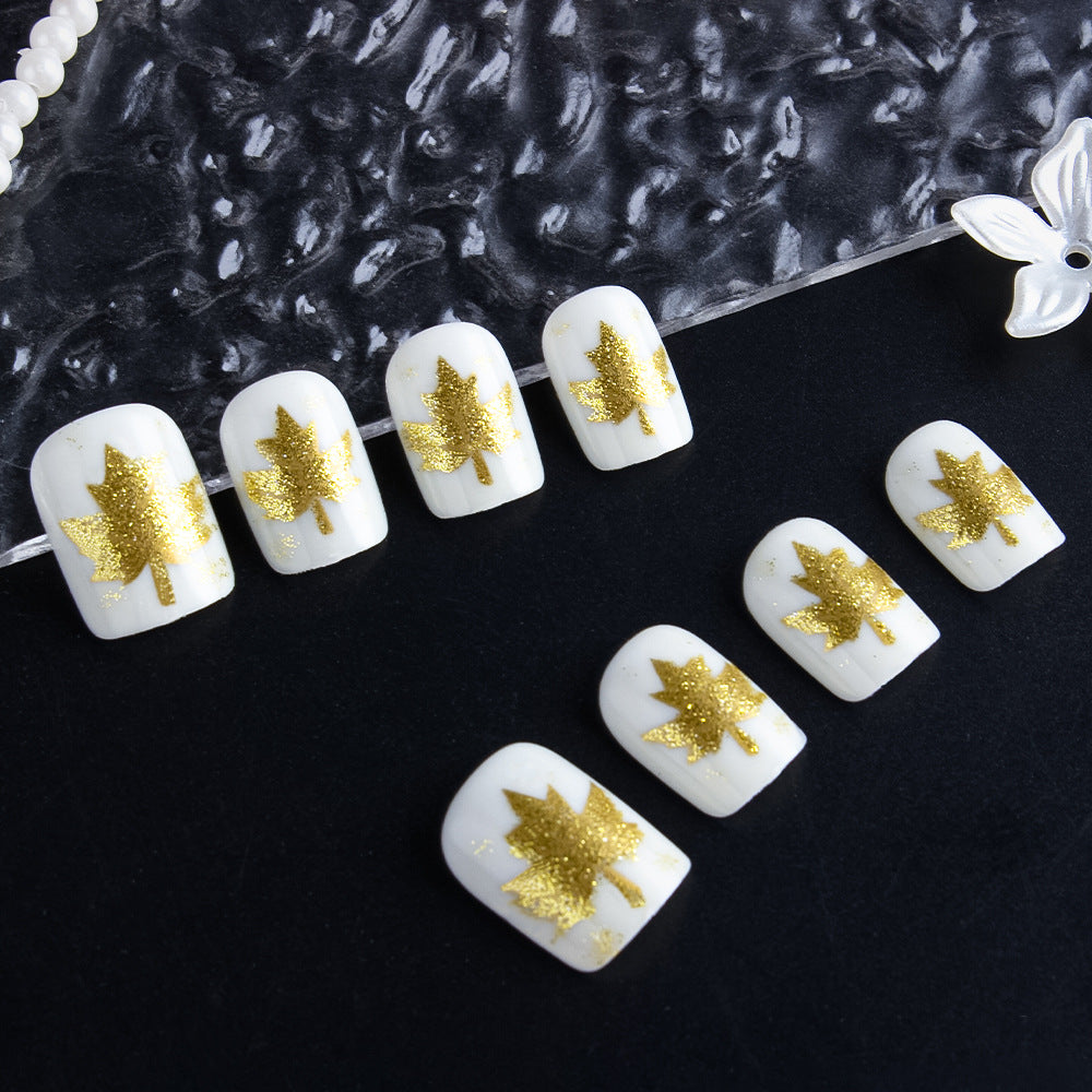 24pcs/Set Autumn-Winter Short Gilded Maple Leaf Press On Nails