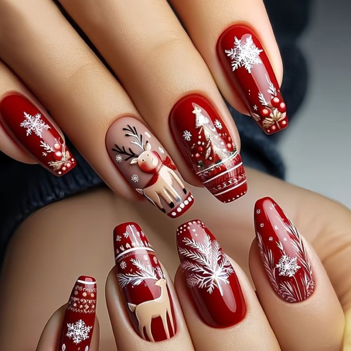 24pcs/Set Red Christmas Snowflake & Reindeer Press-On Nails