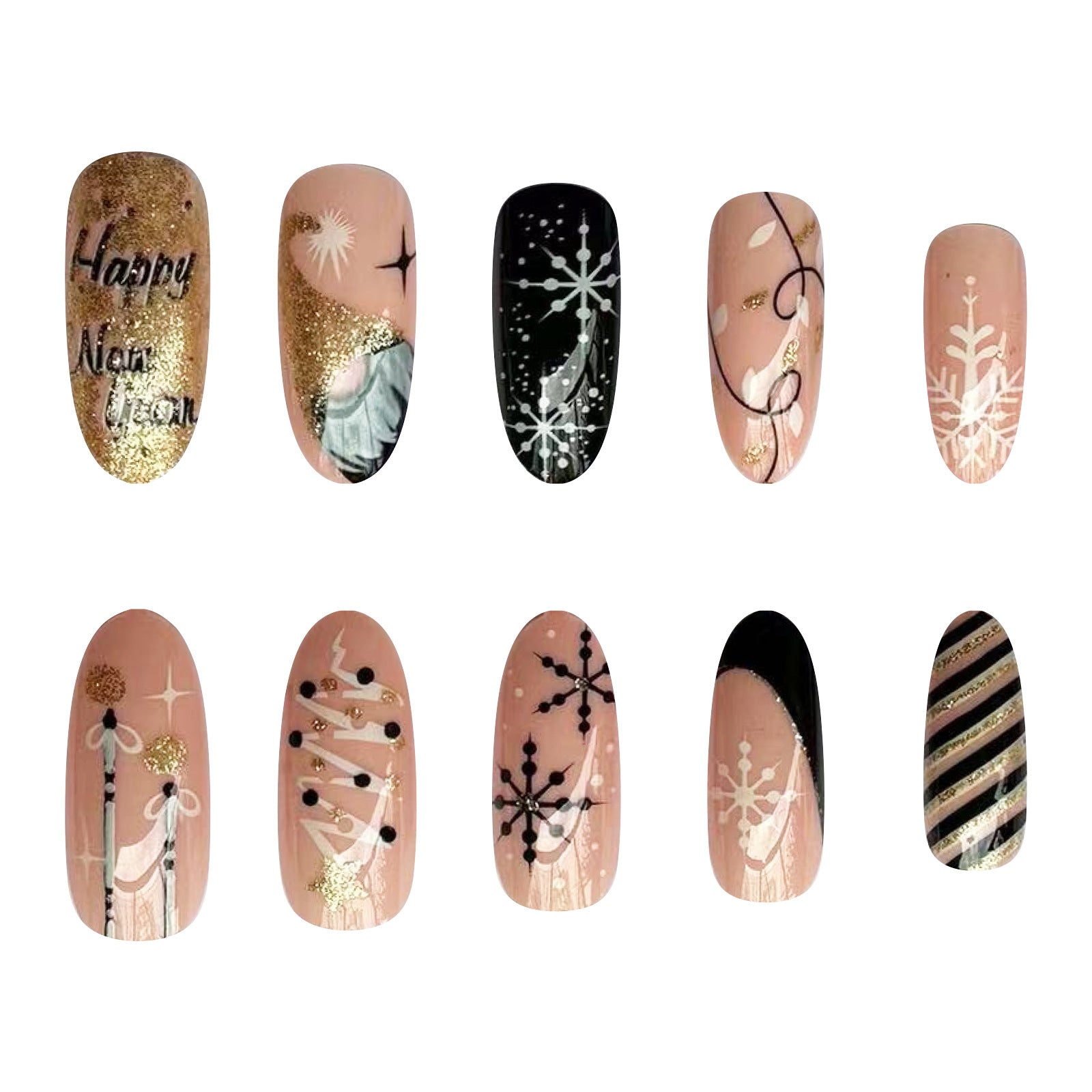 24pcs/Set Christmas Black White Snowflake Stripe Press-On Nails