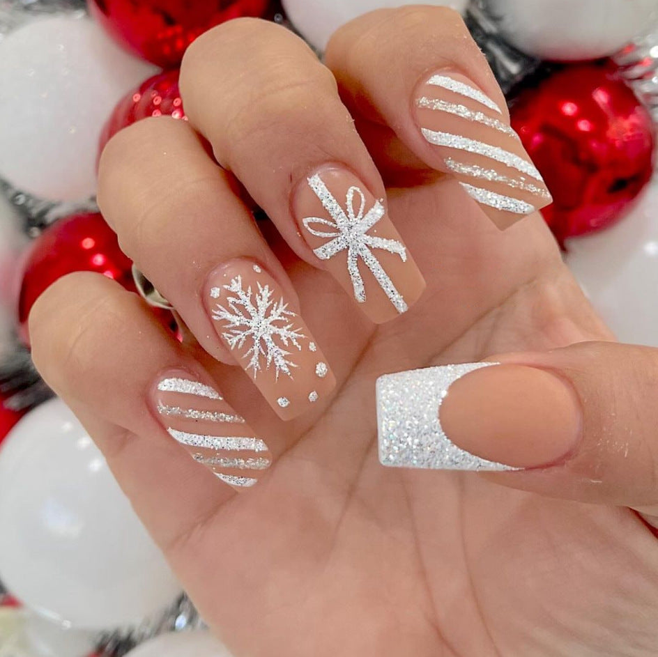 24pcs/Set Christmas White French with Snowflake & Bow Press-On Nails