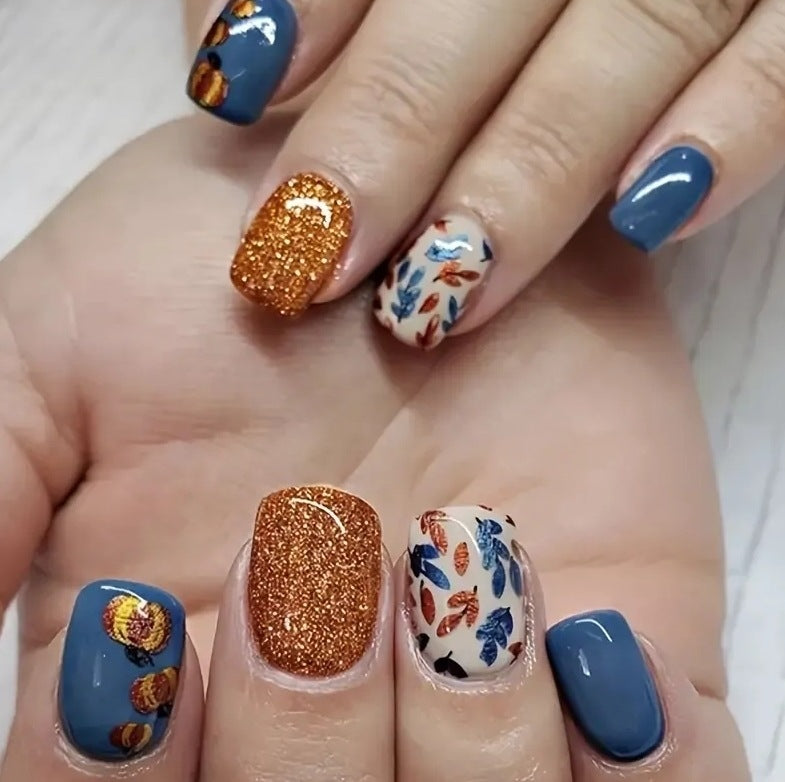 24pcs/Set Short Autumn-Winter Pumpkin & Leaves Press On Nails