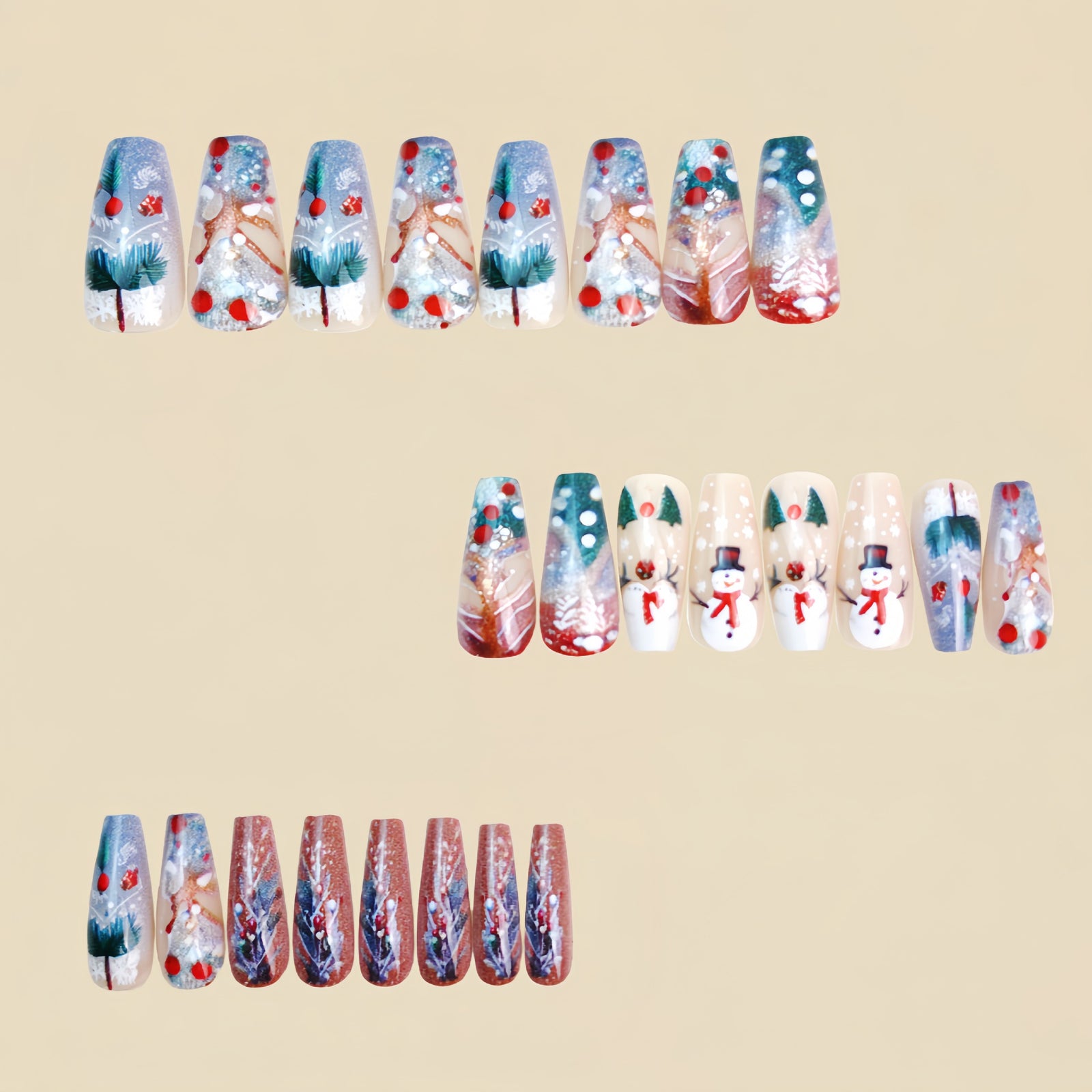 24pcs/Set Matte Christmas Tree Snowman Snowflake Press-On Nails