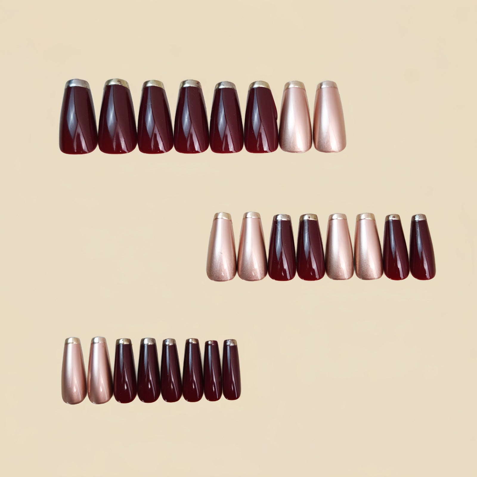24pcs/Set Dark Red & Copper Electroplated Press-On Nails