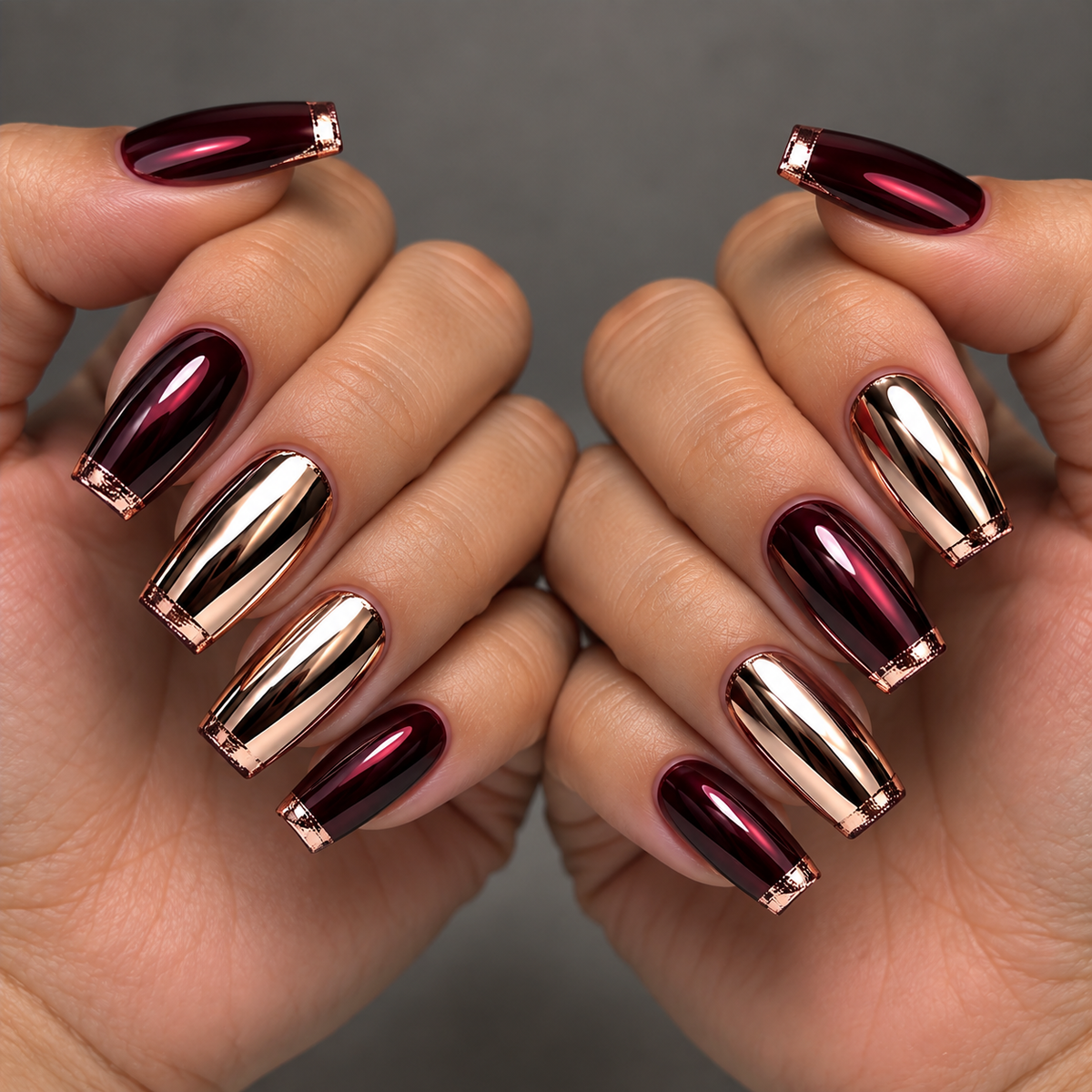 24pcs/Set Dark Red & Copper Electroplated Press-On Nails