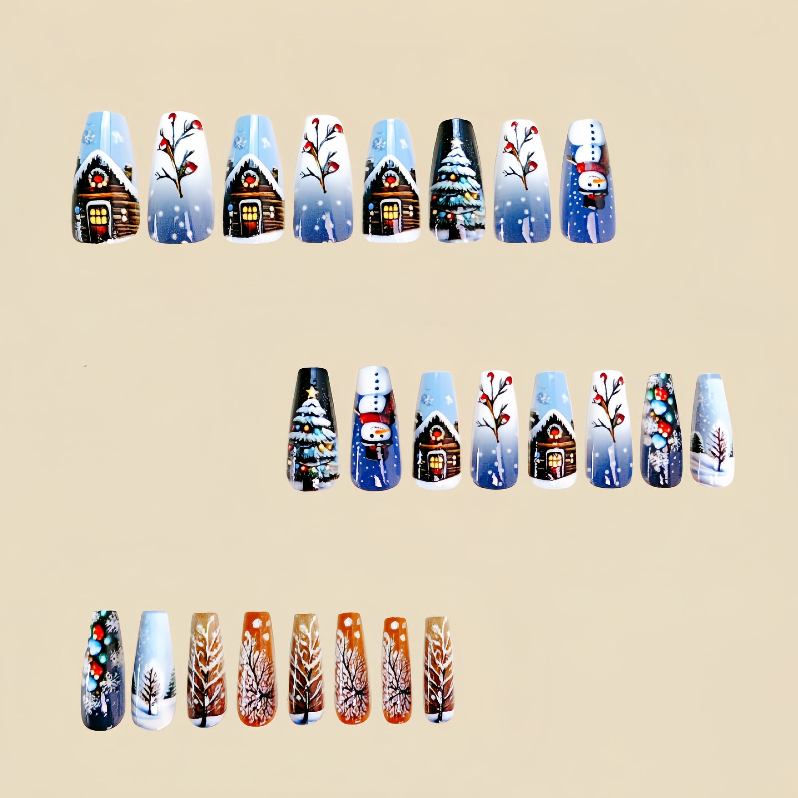 24pcs/Set Christmas Snowman, Tree, Igloo & Snowflake Press-On Nails