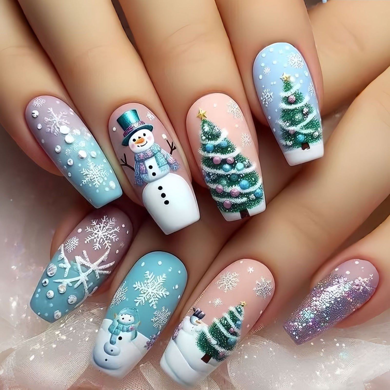 24pcs/Set Matte Christmas Tree Snowman Snowflake Press-On Nails