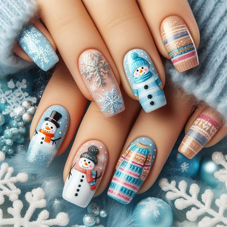 24pcs/Set Christmas Snowman Embossed with Snowflakes Press-On Nails