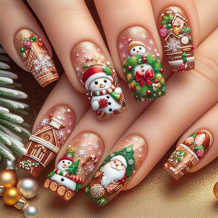 24pcs/Set Christmas Embossed Snowman & Santa Press-On Nails