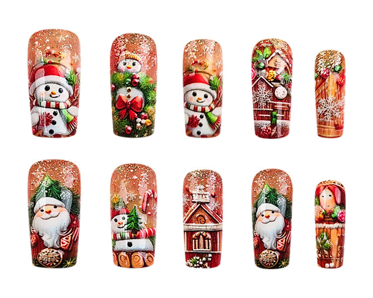 24pcs/Set Christmas Embossed Snowman & Santa Press-On Nails