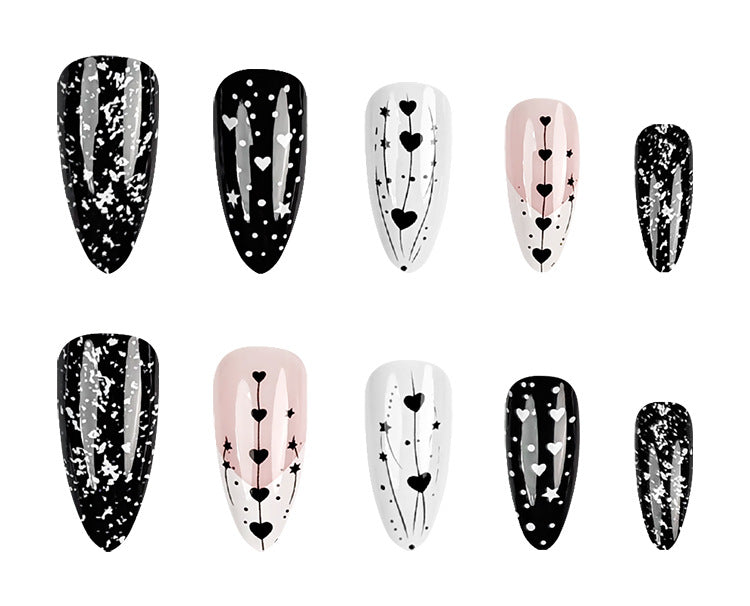 24pcs/Set 3DValentine's Black White Heart & Star Press-On Nails