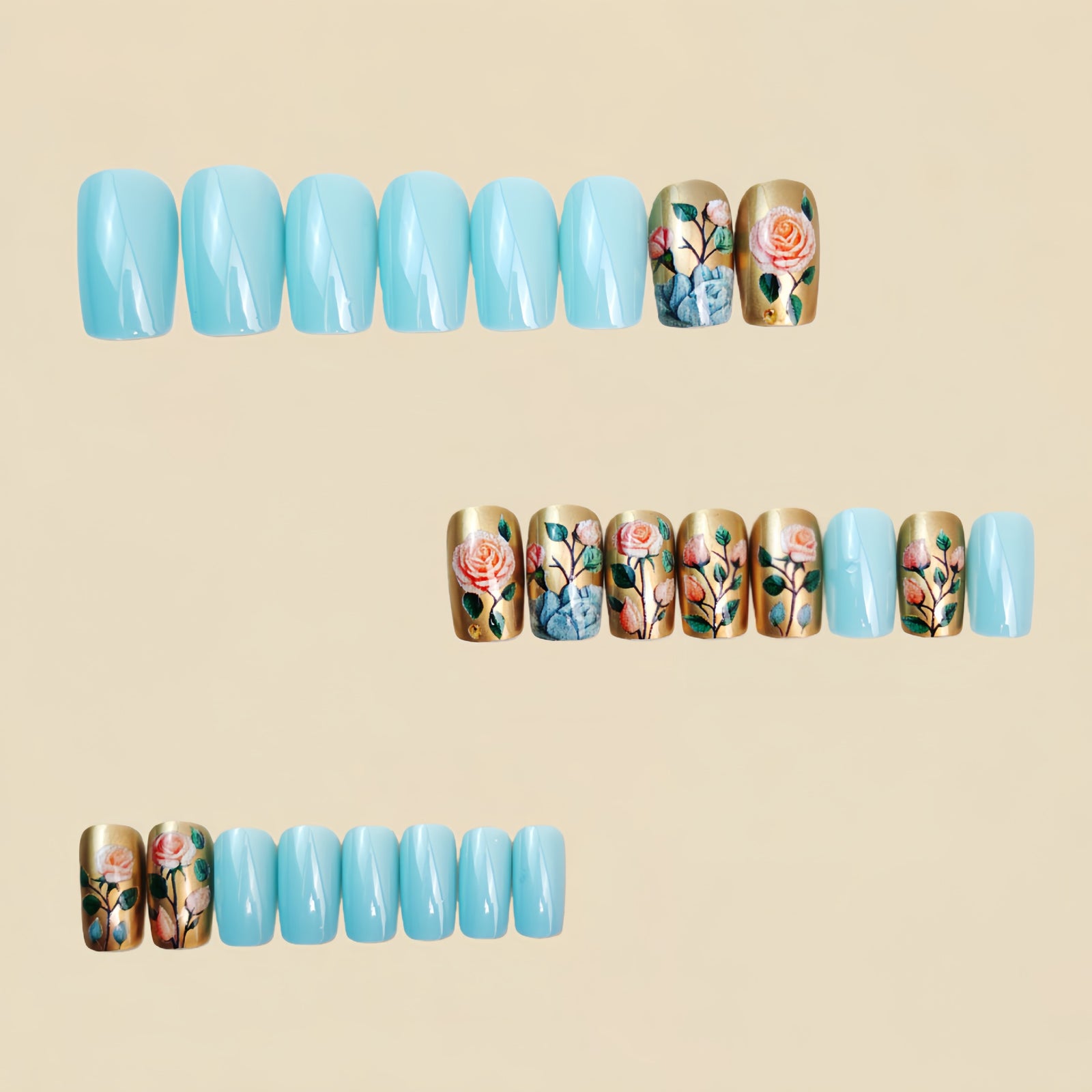 24pcs/Set Blue Botanical Flowers Press-On Nails