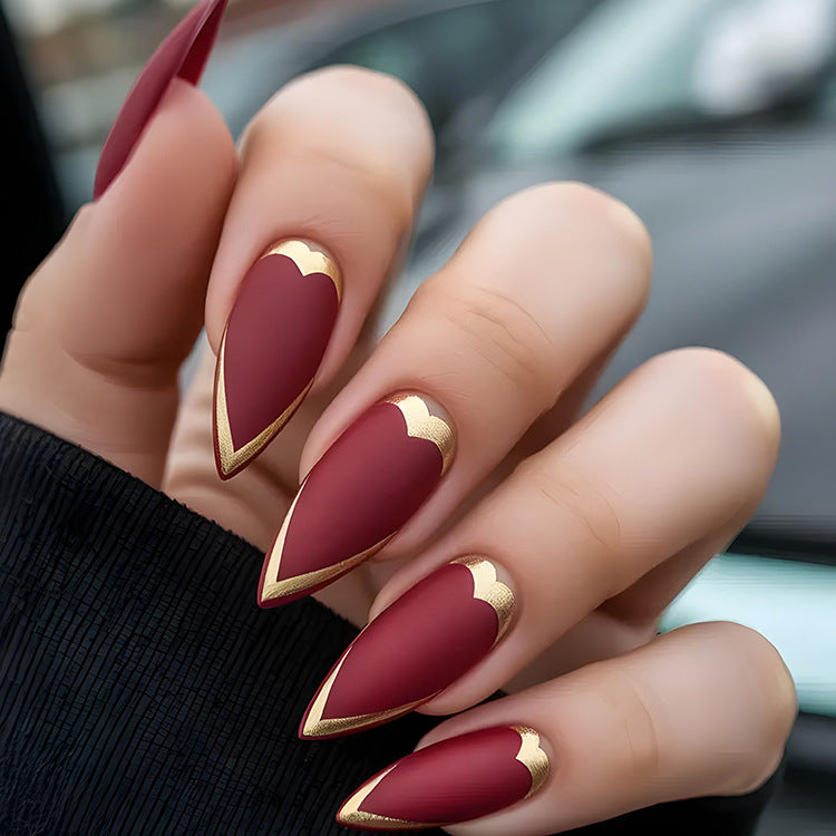 24pcs/Set 3D Line Gilded French in Wine Red Press-On Nails