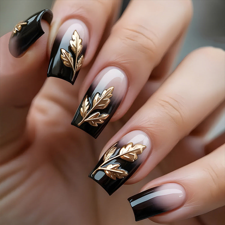 24pcs/Set 3D Autumn-Winter Gilded Leaf French Press-On Nails