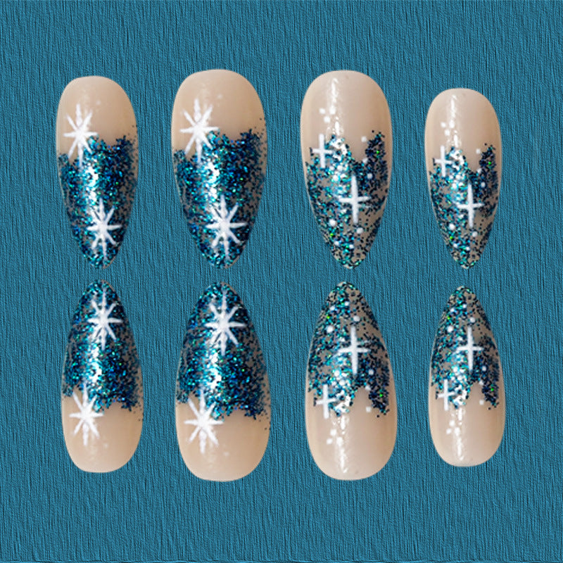 24pcs/Set Christmas Blue White Glitter Snowflakes Press-On Nails