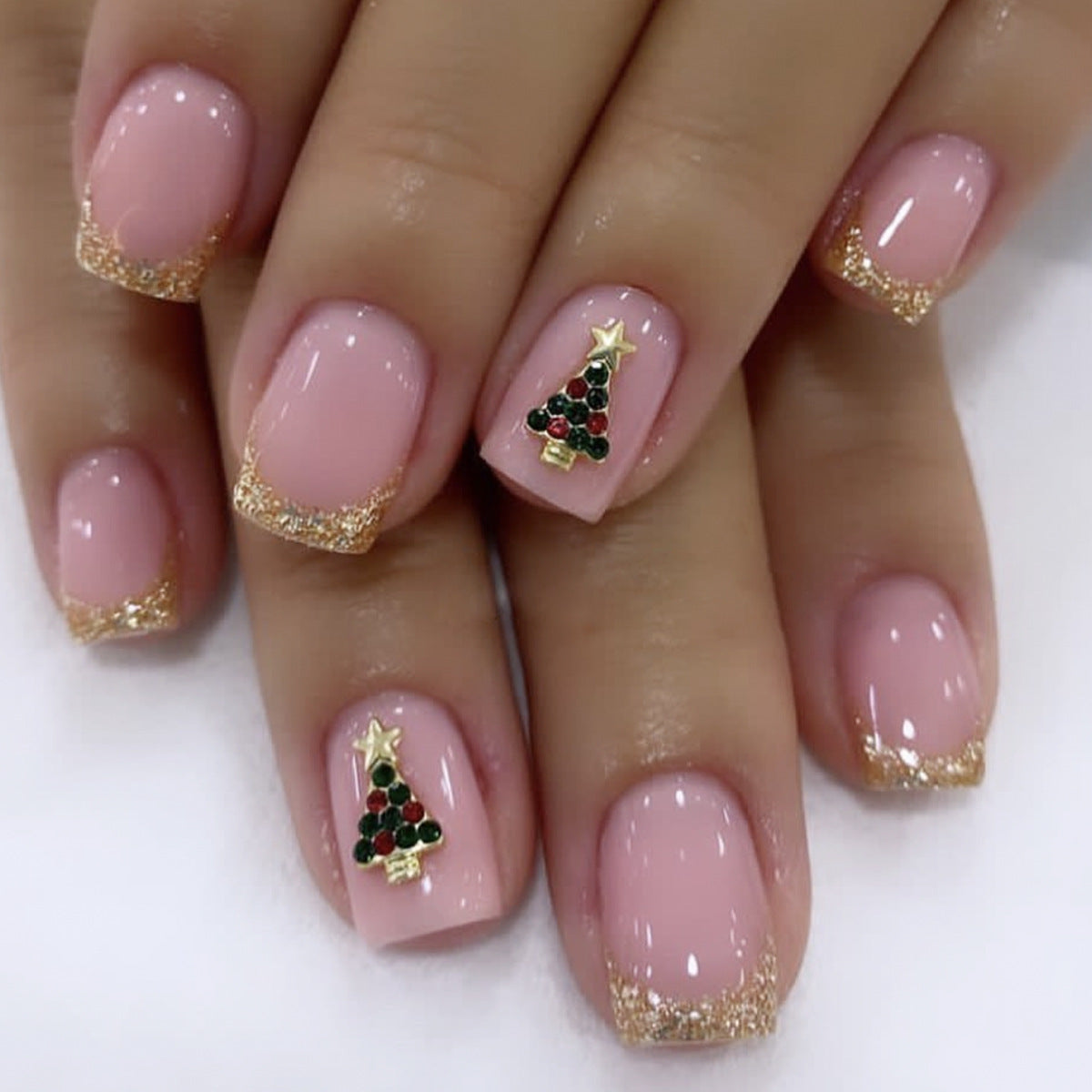 24pcs/Set Christmas Gold Edge French with Pink 3D Tree Press-On Nails