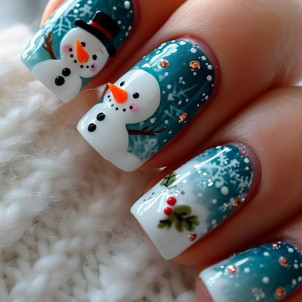 24pcs/Set Christmas Blue Gradient Snowman Snowflakes Press-On Nails
