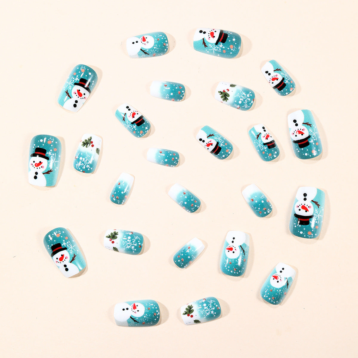 24pcs/Set Christmas Blue Gradient Snowman Snowflakes Press-On Nails