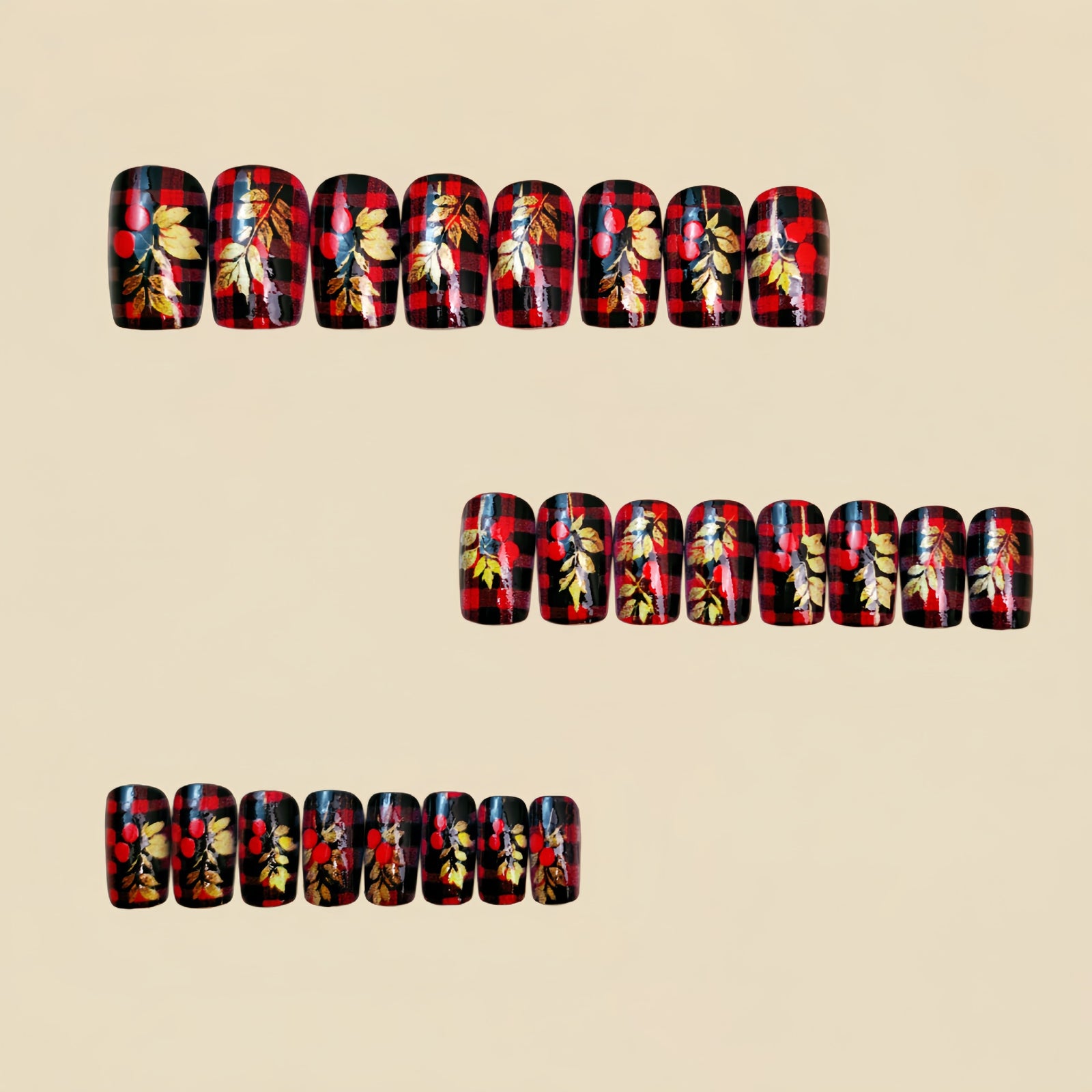 24pcs/Set Red Stripe with Gold Leaf Press-On Nails