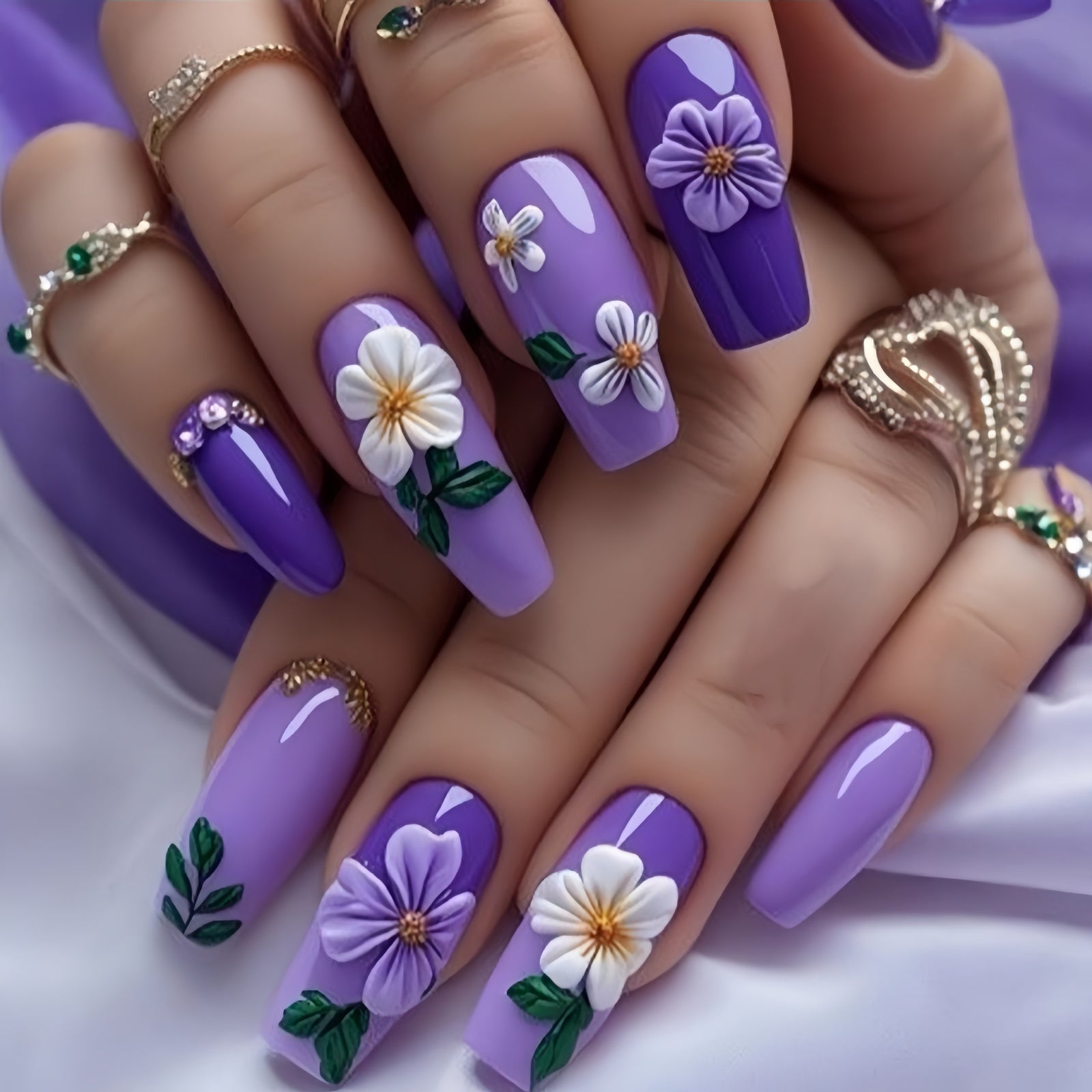 24pcs/Set Purple Crystal Rhinestone Flower Press-On Nails