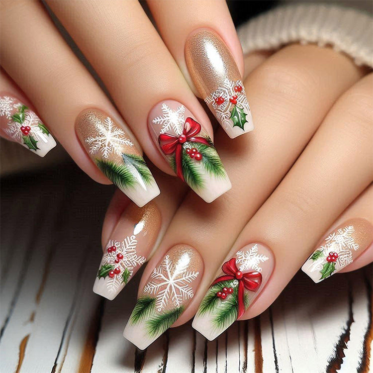24pcs/Set Gold Glitter Snowflake Christmas French Press-On Nails