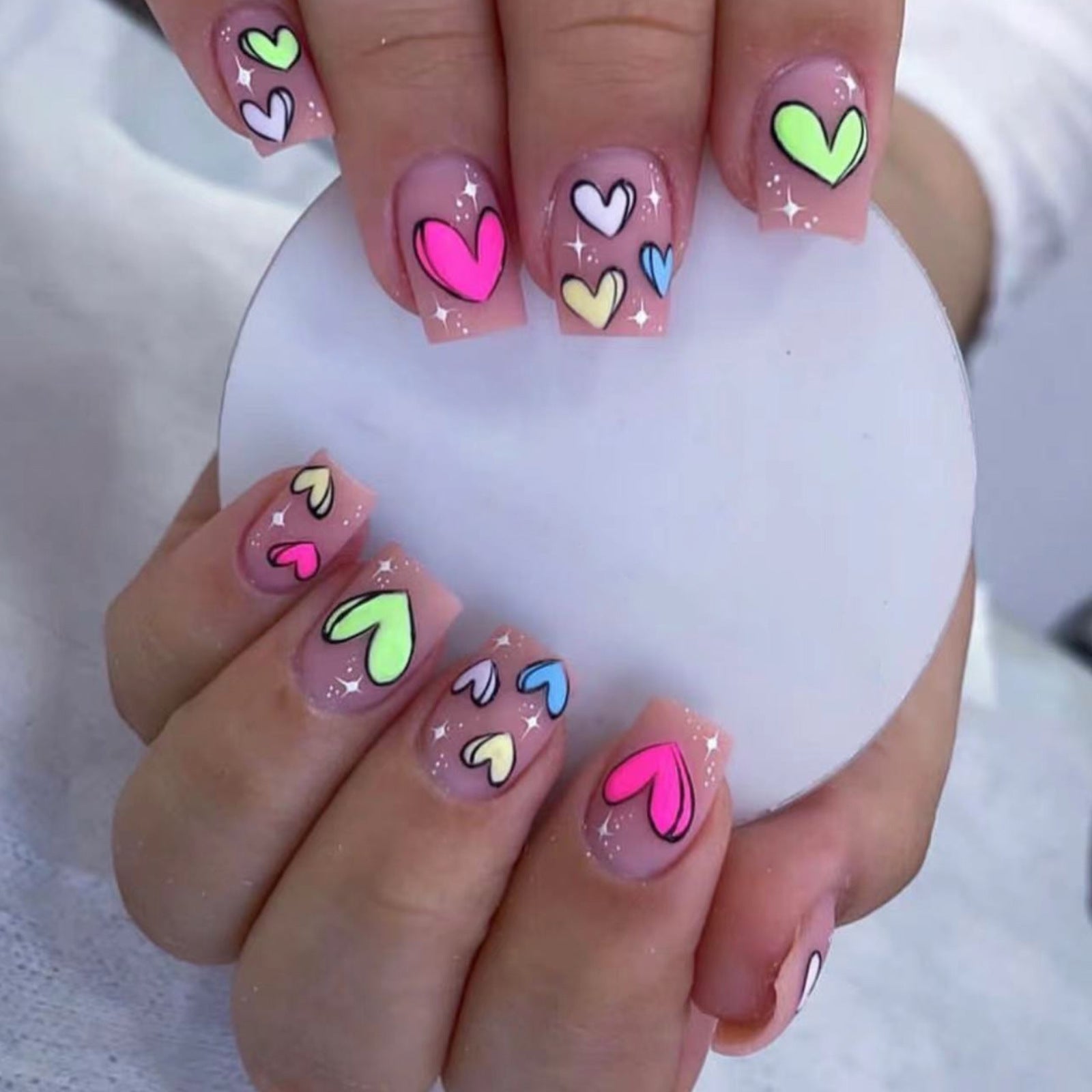 24pcs/Set Short Pink Matte Valentine's Rainbow Heart Press On Nails